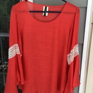 Dressy Womens Bell sleeve peachy orange top Rendezvous sz large beautiful tunic